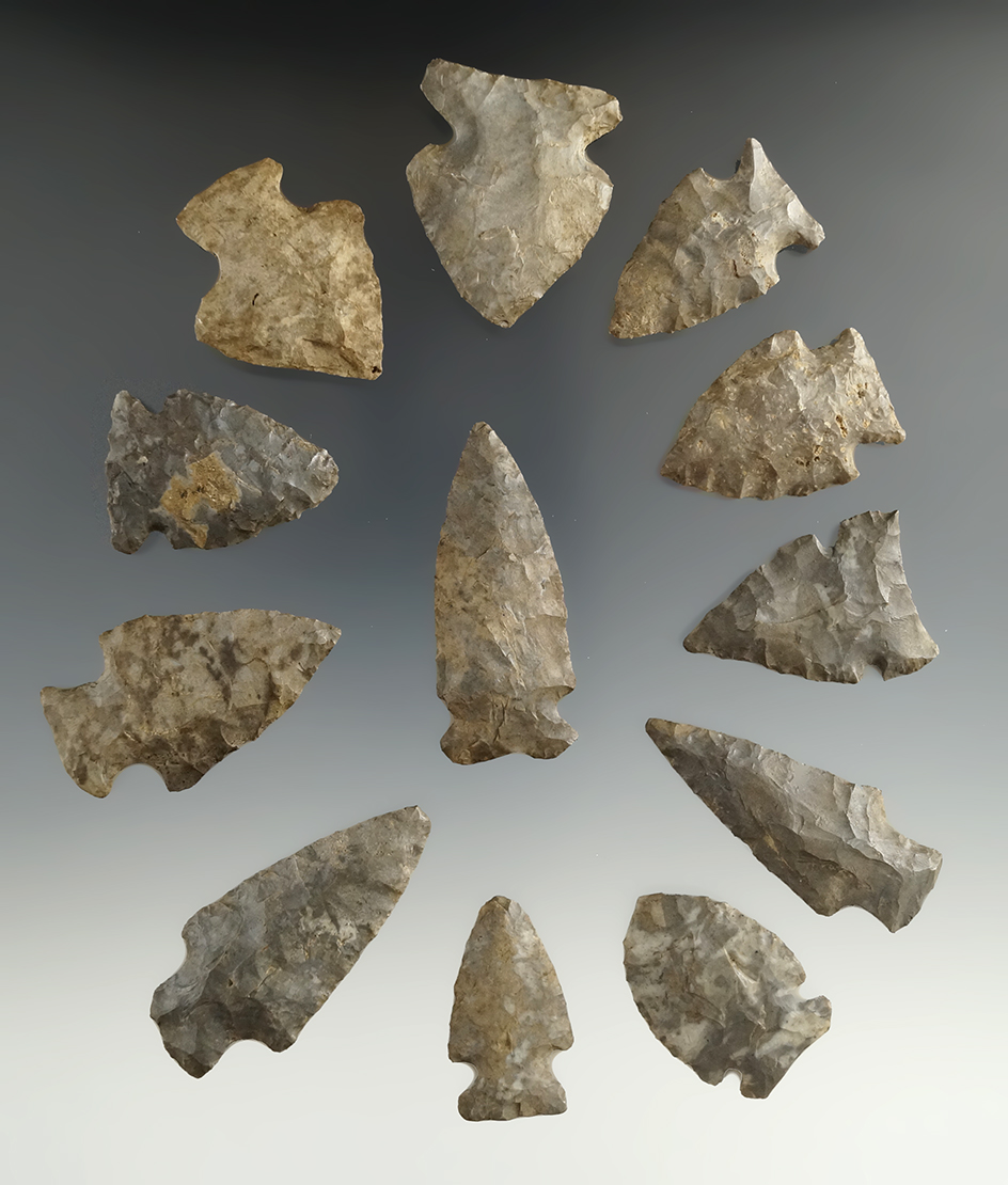 Set of 12 assorted arrowheads found in New York, largest is 1 15/16".
