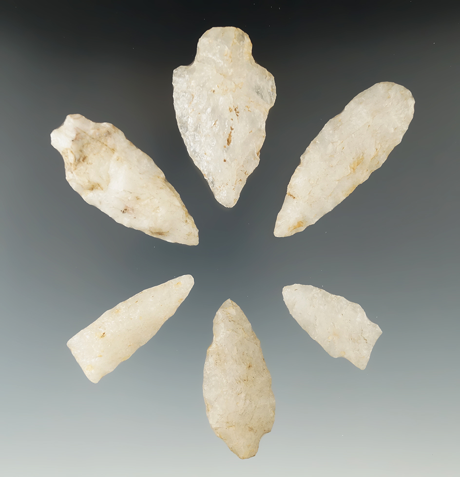 Set of 6 Quartz arrowheads found in New Jersey, largest is 2 1/2".