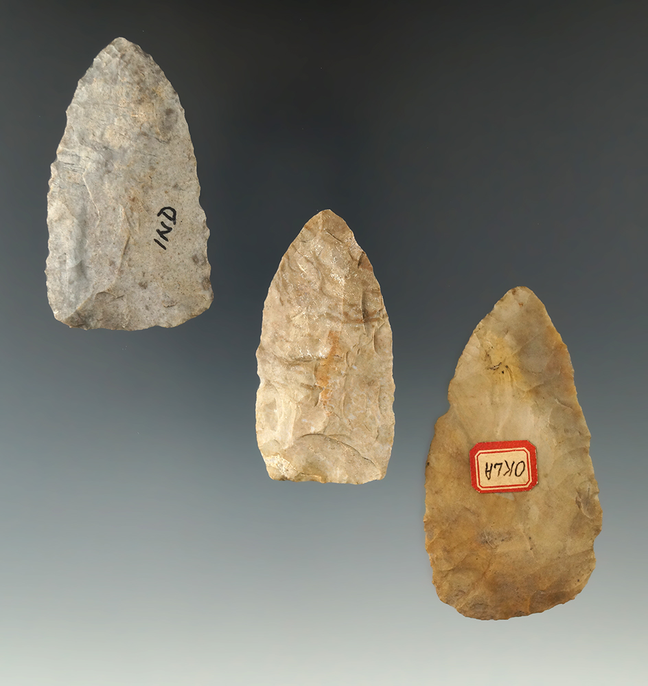 Set of three Flint Blades found in Oklahoma in Indiana. Largest is 2 3/4".