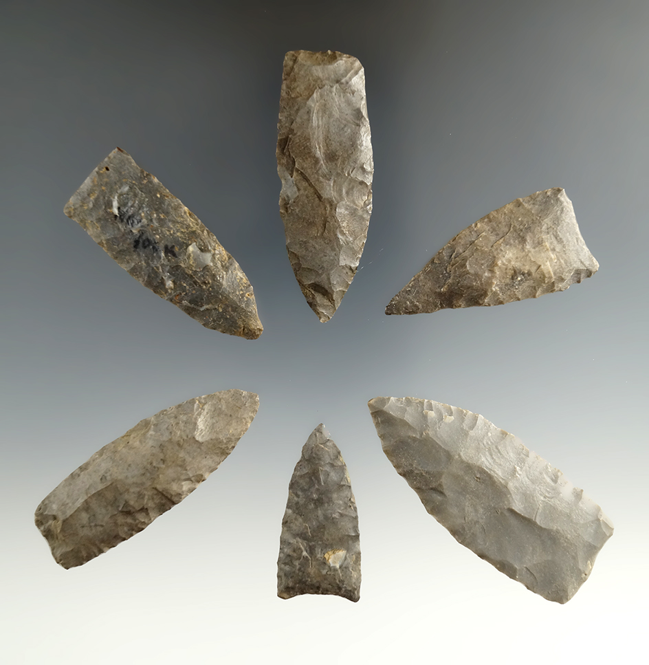 Set of six assorted Lanceolate points found in New York, largest is 2 3/8".