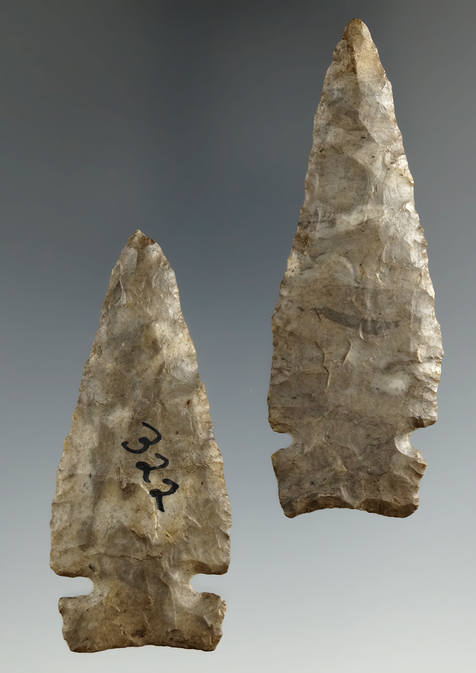 Pair of well flaked Intrusive Mound Sidenotch points - Onondaga Flint - Allegheny Co., NY.