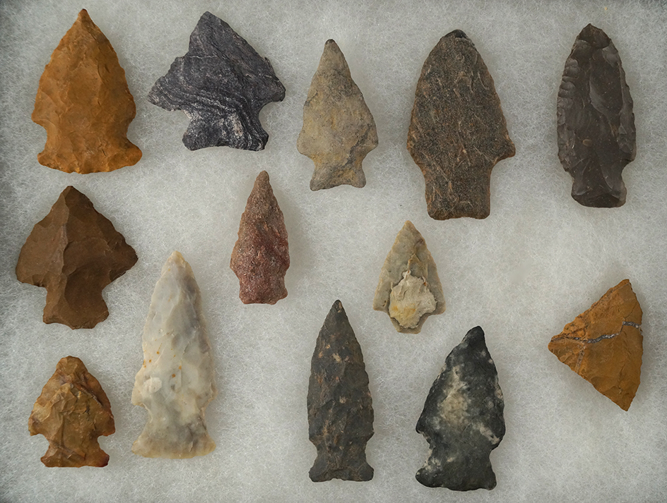 Group of 13 arrowheads found in Pennsylvania and New York, largest is 2 1/4".