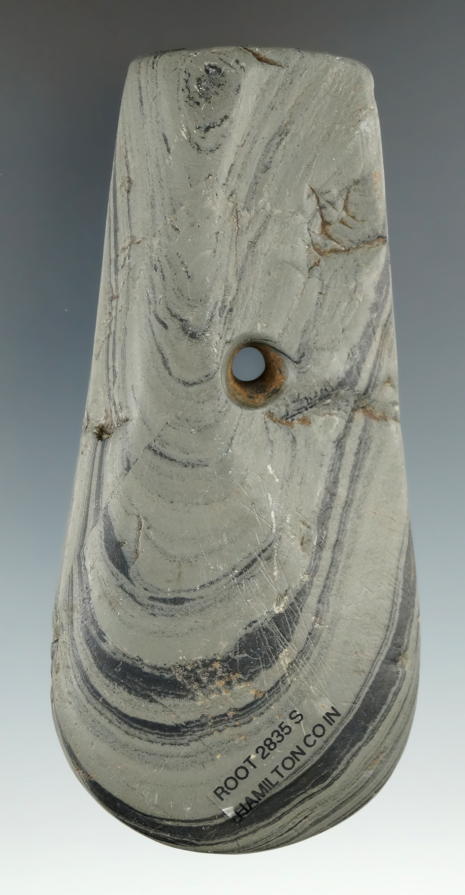 4 9/16" Adena Keyhole Pendant made form gray and black Banded Slate, Hamilton Co., Indiana.