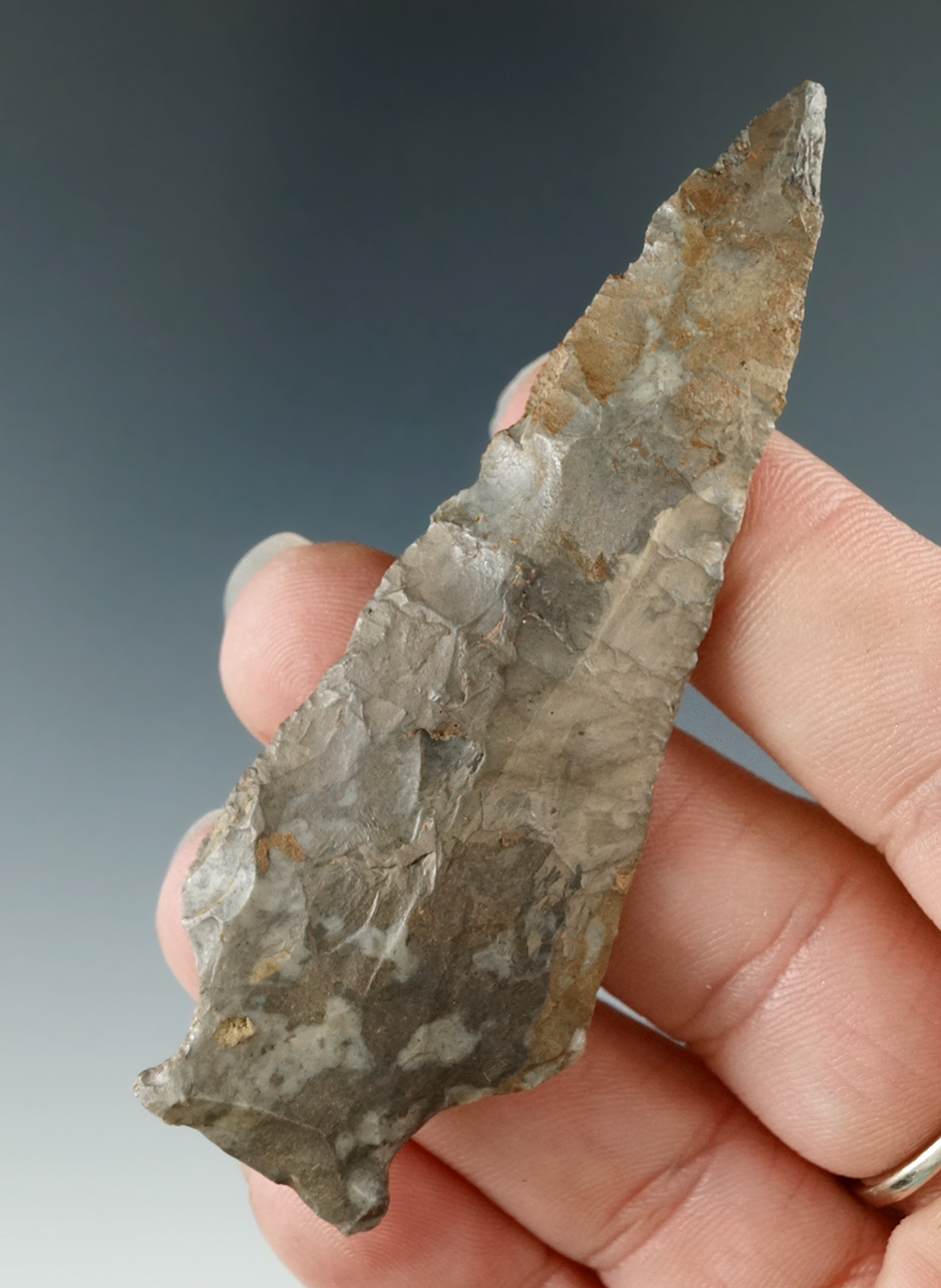 3 1/8" Onondaga Flint Fishtail with restoration to 5/16" of tip found in New York.