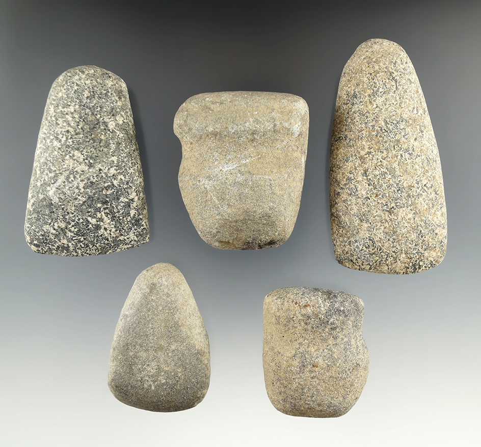 5 stone artifacts found in Delaware Co., Ohio including Celts, Adzes and hammerstones.