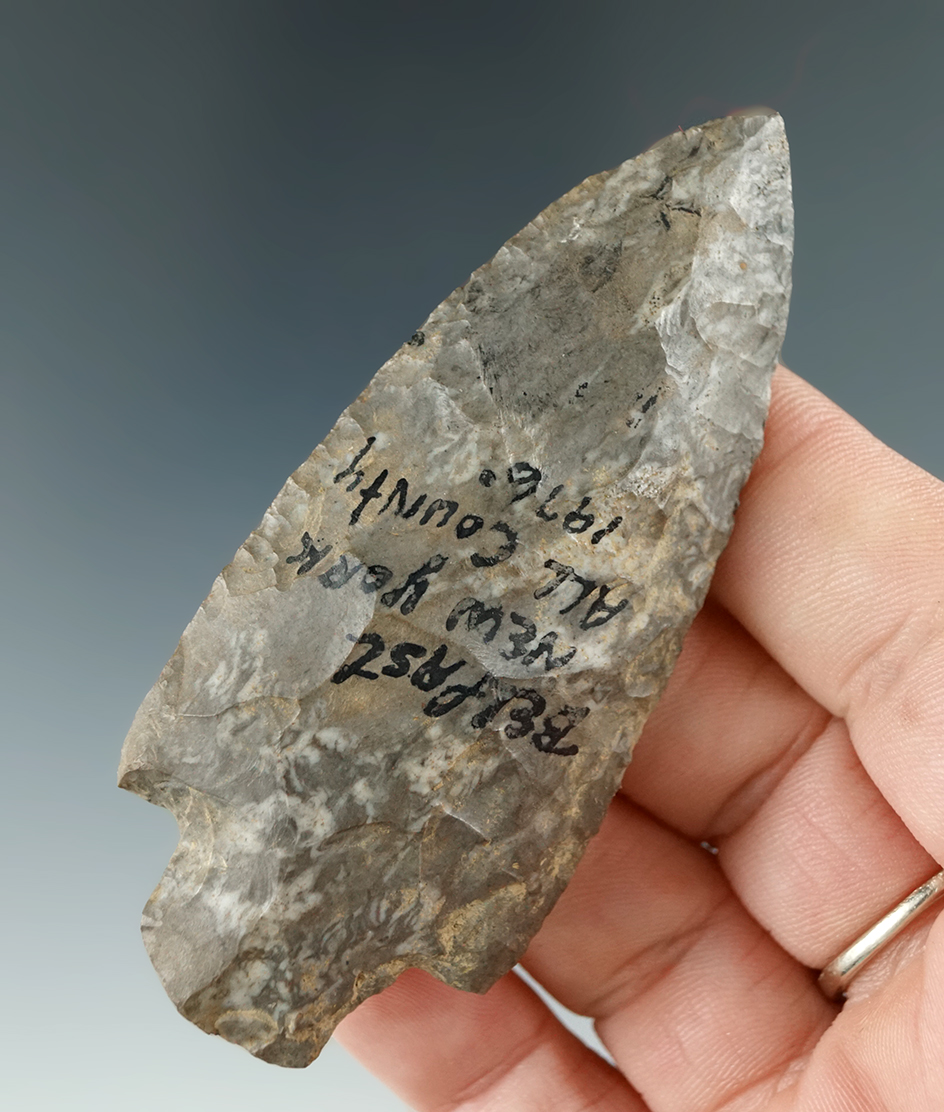3 3/16" Adena made from Onondaga Flint found near Belfast, Allegheny Co., New York in 1976.