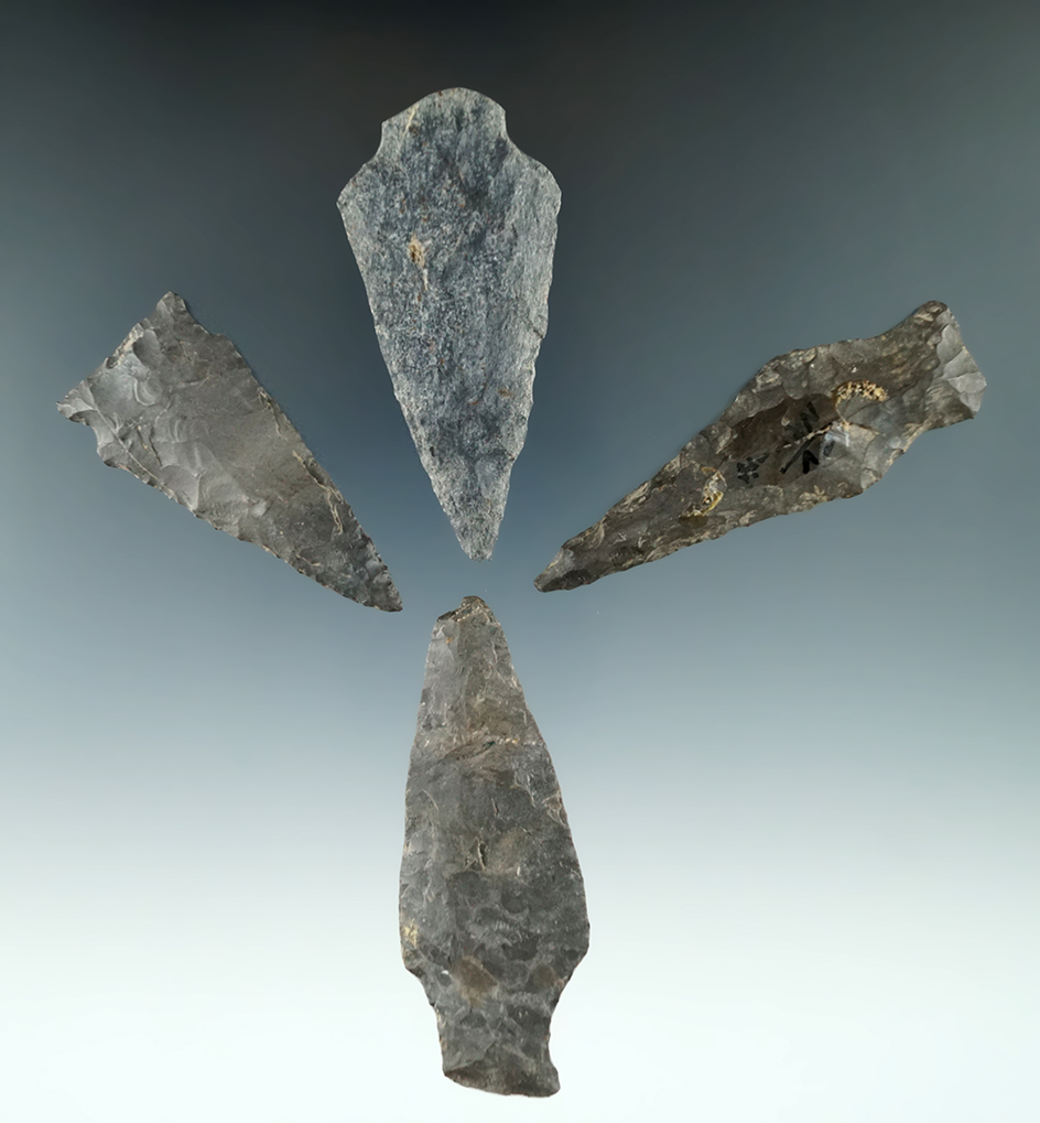 Set of four assorted points found in New York, largest is 2 5/8".
