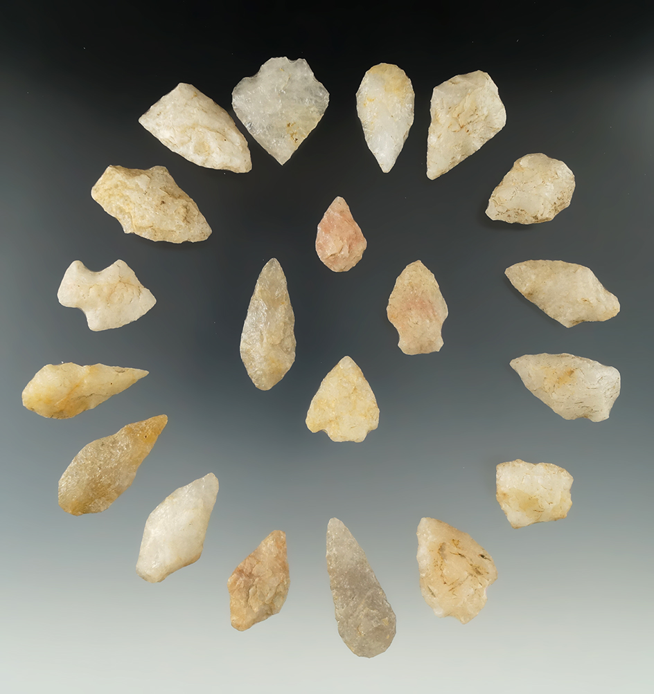 Set of 20 Quartz arrowheads found in New Jersey, largest is 1 3/8".