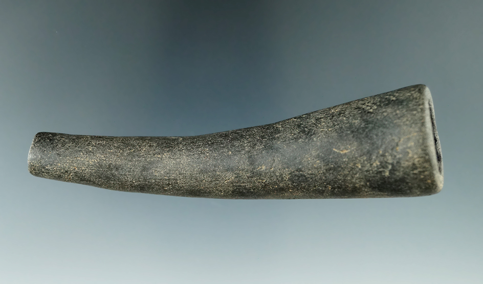 4 1/8" late woodland Obtuse Angle Pipe made from sandstone found in Cayuga Co., New York.