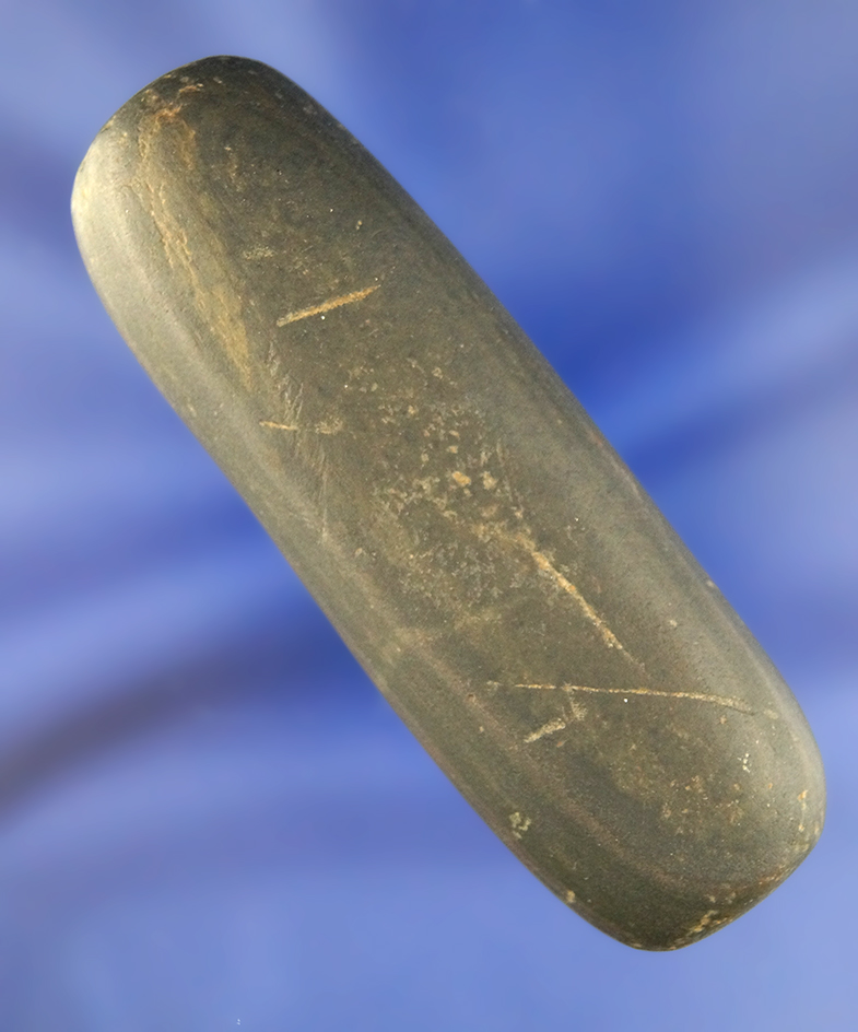 3 1/4" Banded Slate Drilled Bar Amulet found in Wood Co., Ohio near Tontogany. Ex. Spangler.