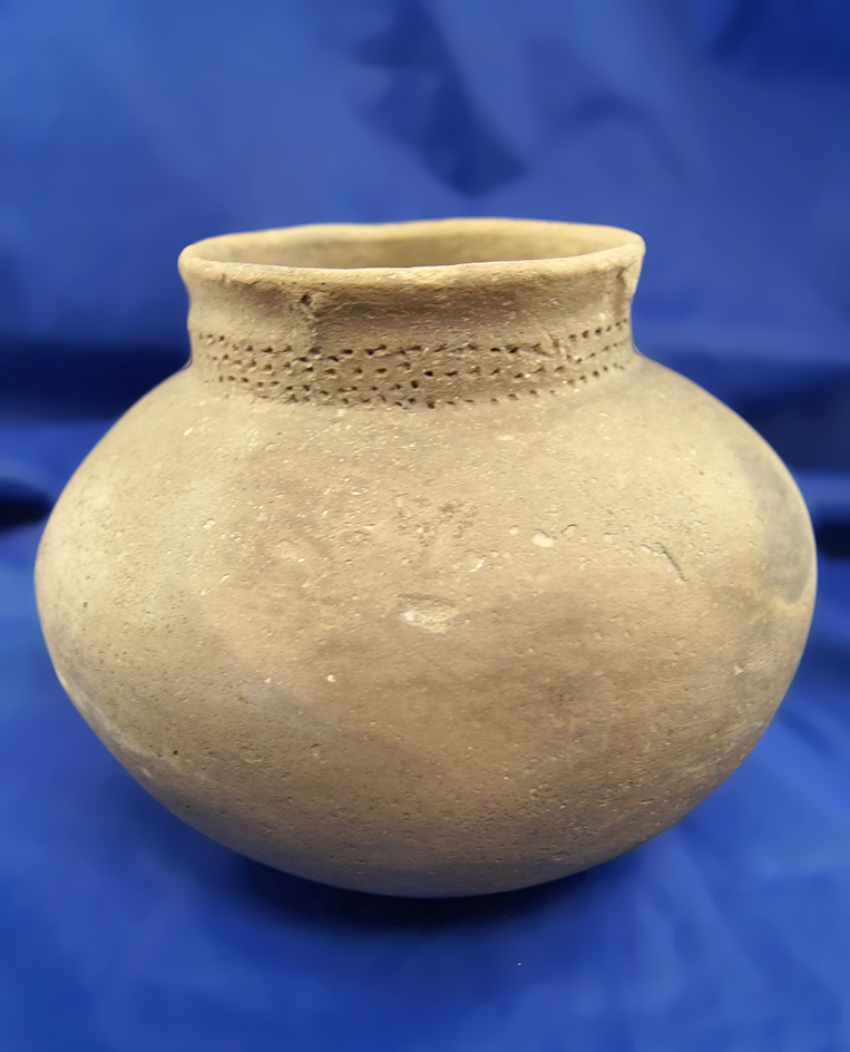 5" Tall Mississippian Grayware Jar with Campbell punctate rim design; intact, no restoration.