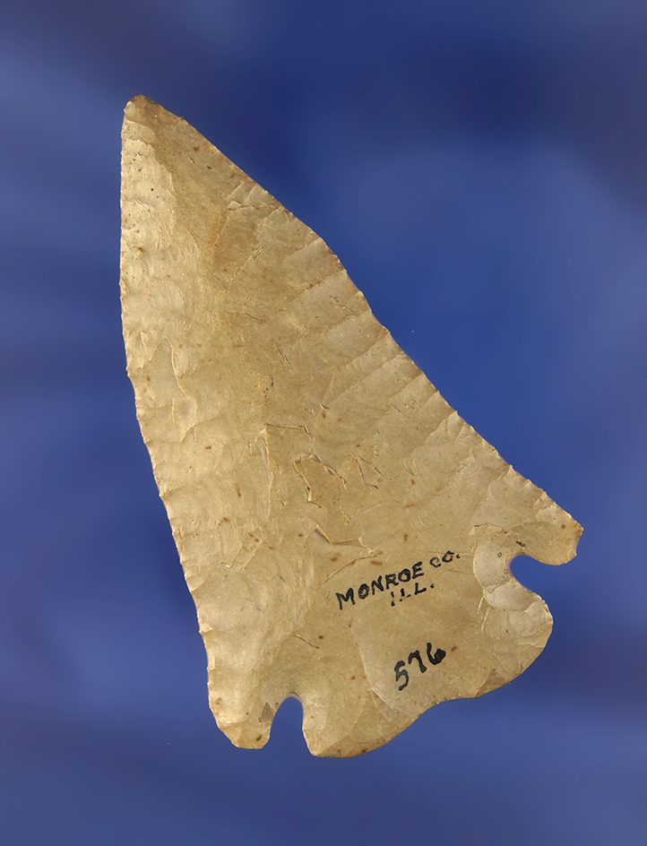 Very well flaked! 2 3/4" Lost Lake found in Monroe Co., Illinois. Comes with a Davis COA, G-9.