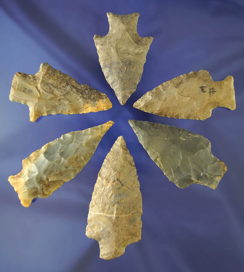 Set of six assorted arrowheads found in Alabama. Largest is 2 15/16".