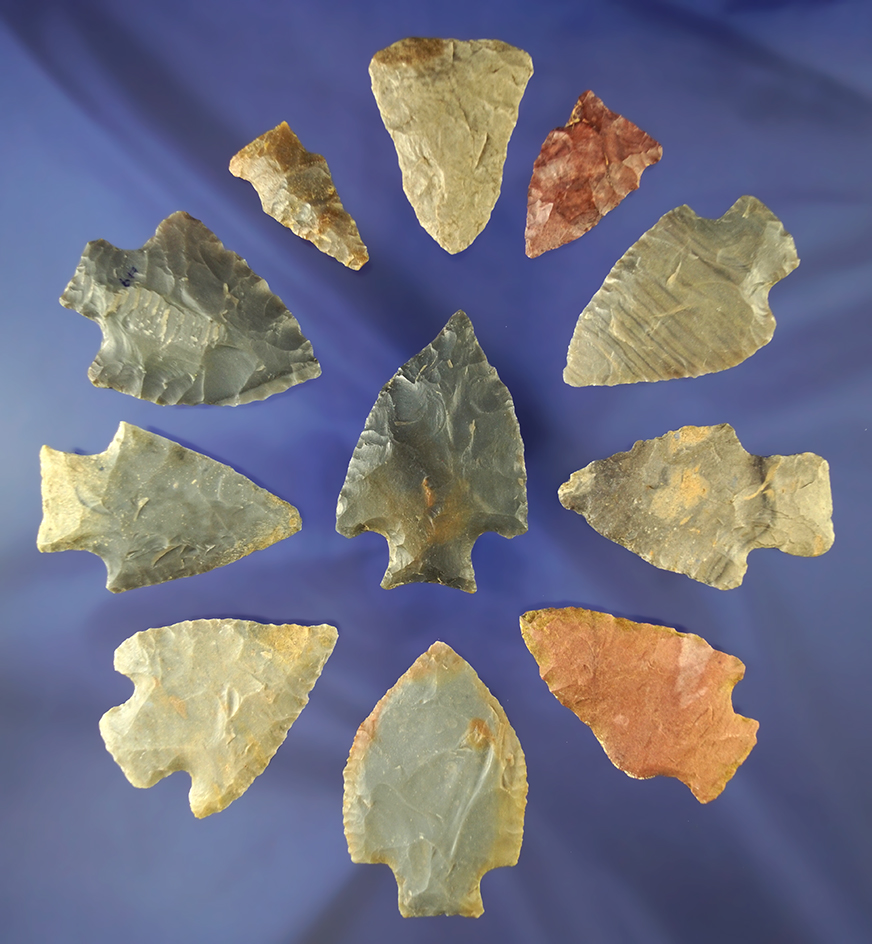 Set of 11 assorted arrowheads found in Alabama, largest is 2".