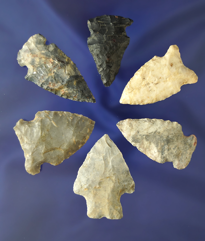 6 Arrowhead Points - one is an Intrusive Mound found in Indiana.  Largest is 1".  Ex. Honeywell.