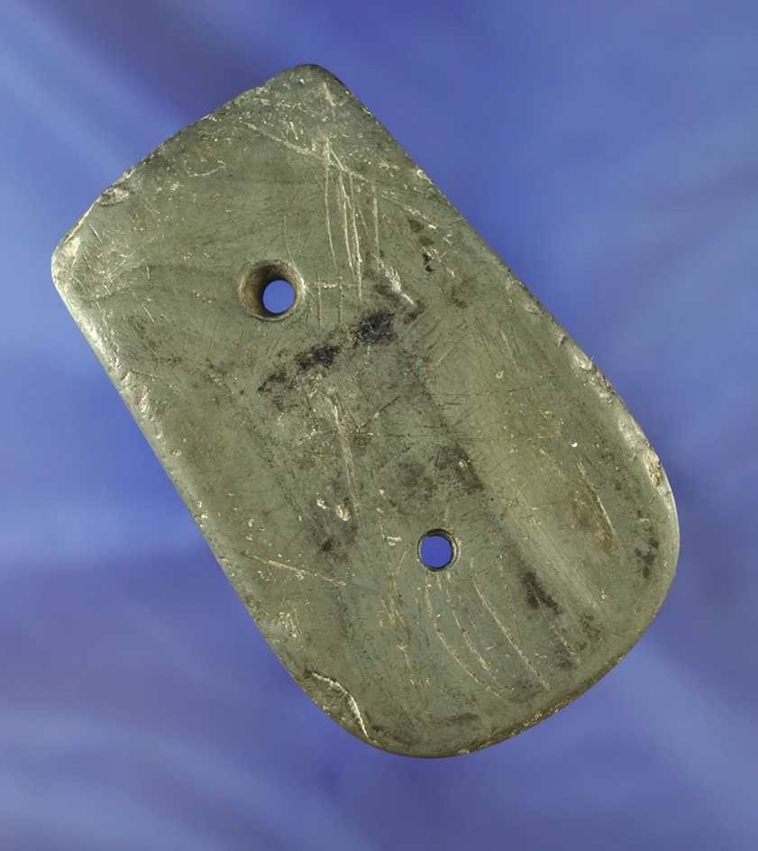 3" long slate Gorget that was anciently salvaged and tallied.  Licking Co.,  Ohio. Dickey COA.