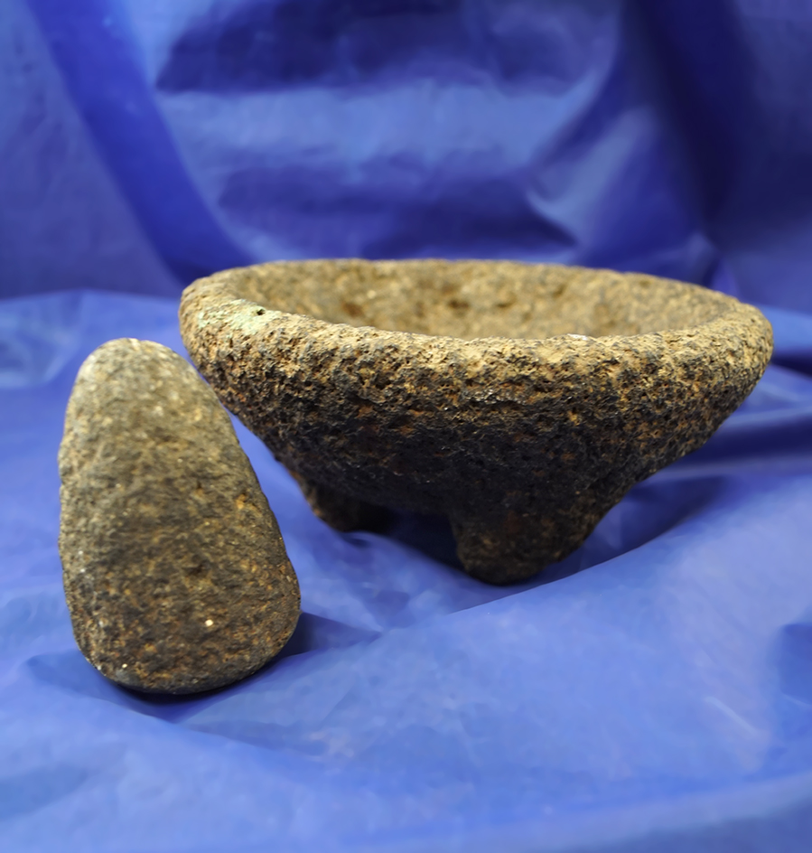6 1/8" diameter tripod lava stone mortar with pestle found in Mexico.