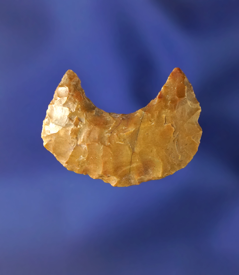 Excellent style on this 1 1/8" Crescent Scraper found in New Mexico. Ex. David Bogle collection.