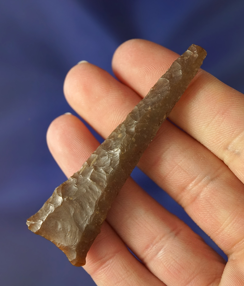 Exceptional flaking, style and quality material on this 2 3/4" Dalton Drill found in Nebraska.