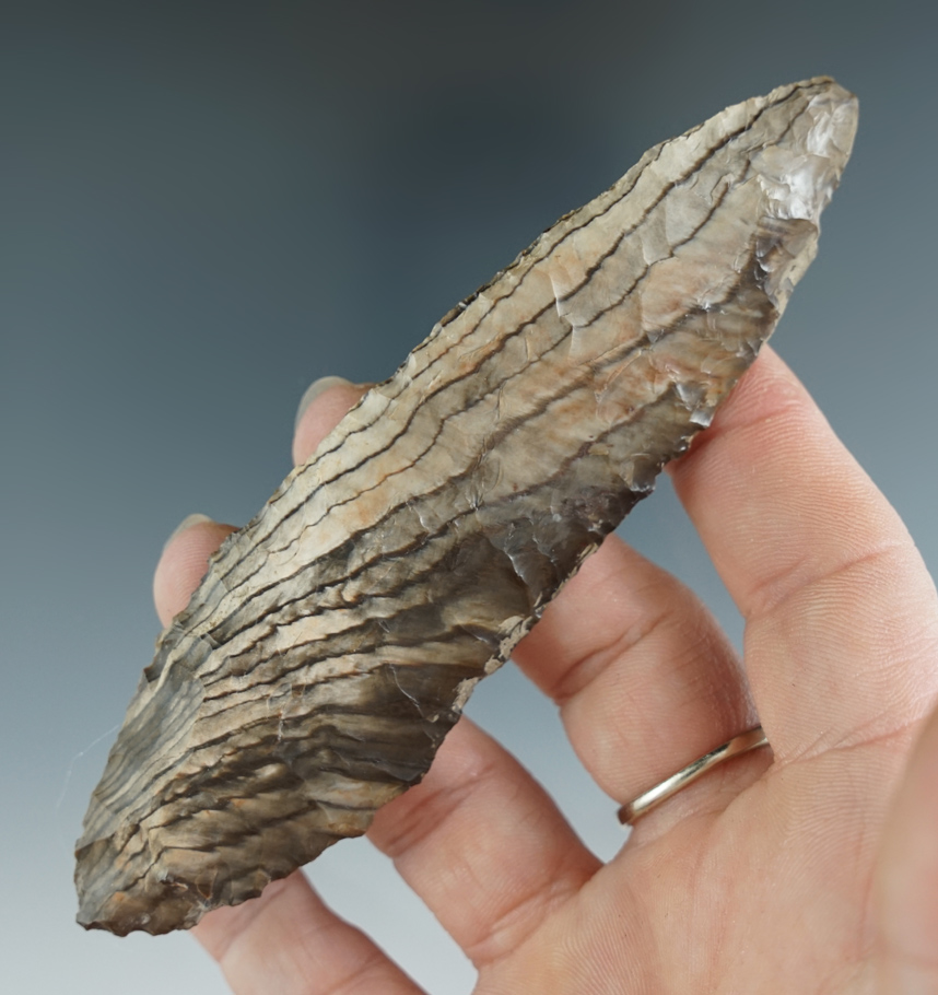 4 1/2" Petrified Wood Excelsior Knife that is beautifully striated. Found in costal California.