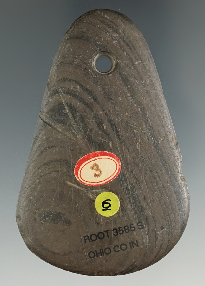 2 7/8" Hopewell Teardrop Pendant - red and black Banded Slate. Found in Ohio Co., Indiana.