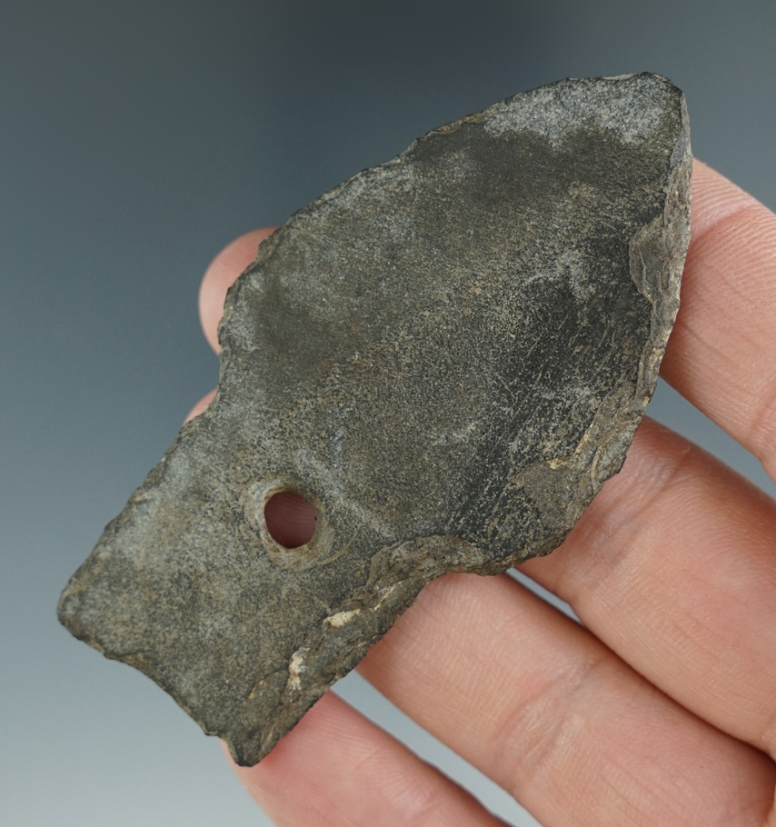2 15/16" point that is drilled and made from Slate. Found on the Punuk Islands Alaska. Stermer COA.