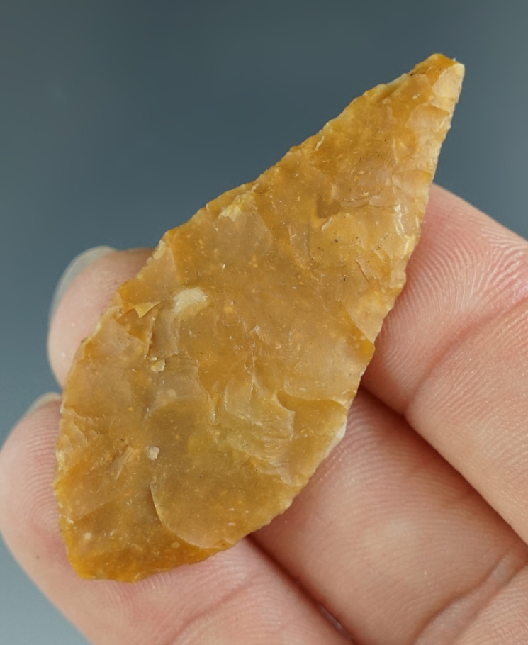 2" Leaf Point made from translucent Chalcedony, found in Ireland. Ex. Dick Johnson Collection.