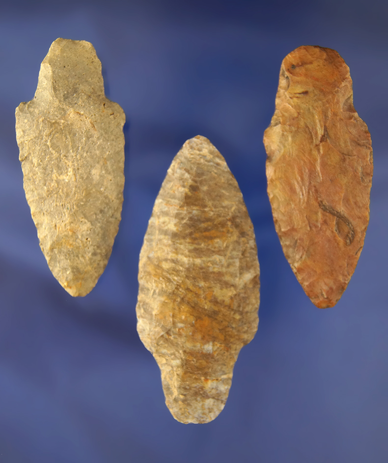 Set of three Adena Arrowheads, largest is 3" found in Michigan.