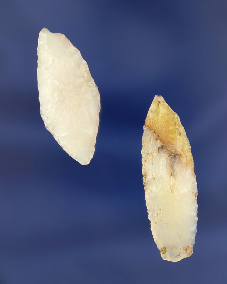 Pair of Cascade points made from highly translucent attractive Agate. Found near Umatilla Oregon