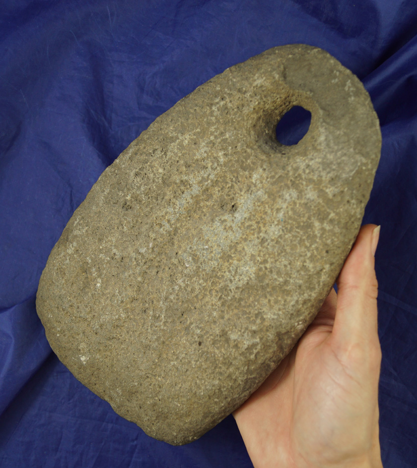 Big! 8 3/4" perforated net weight with three unique grooves carved into the surface found near the C