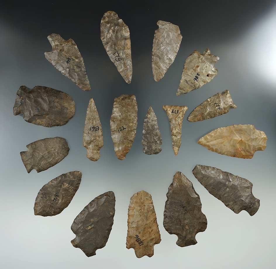 Group of 17 points and knives found in New York, largest is 2 7/8". Mickey Taylor "Iron Horse".