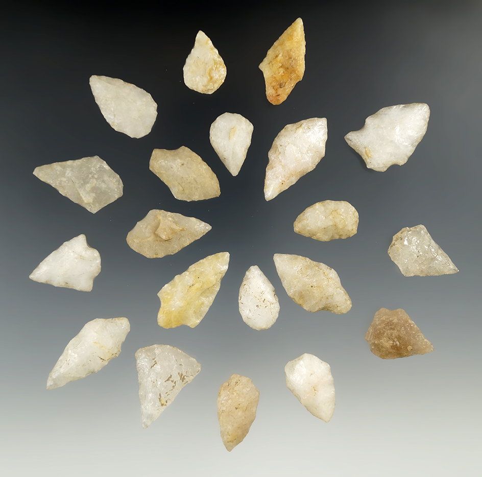 Nice group of 20 Quartz Arrowheads found in New Jersey, largest is 1 1/4".