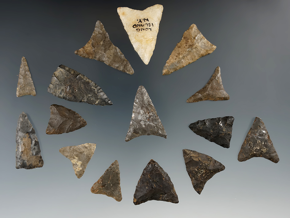Group of 15 triangle points found in New York, largest is 1 1/2".  Mickey Taylor "Iron Horse" collec