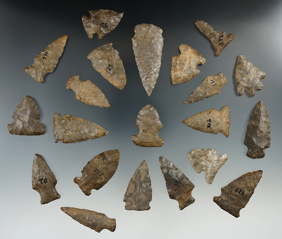 Set of 21 assorted arrowheads found in Allegheny Co., New York from the Howdy Lange collection.