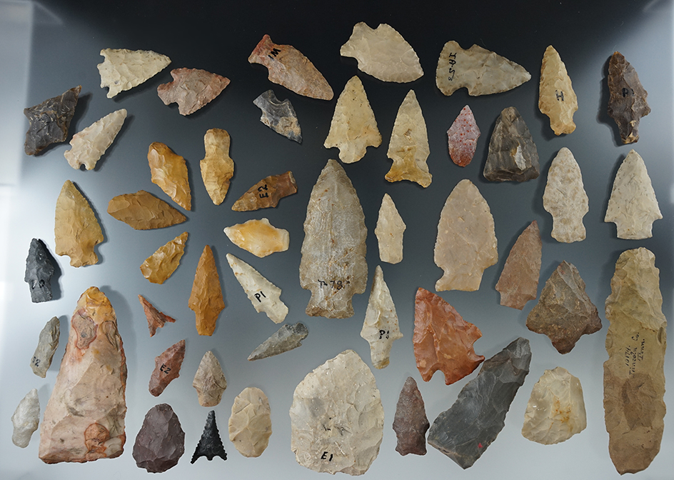 Large group of 48 assorted flints artifacts from various states, some are damaged. Largest is 4 1/4"