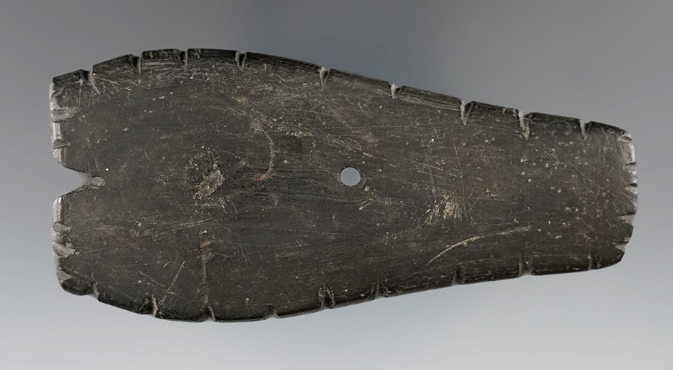 Unique! 3 7/16" Hopewell Expanded Center Gorget that is broken in salvaged in ancient times.