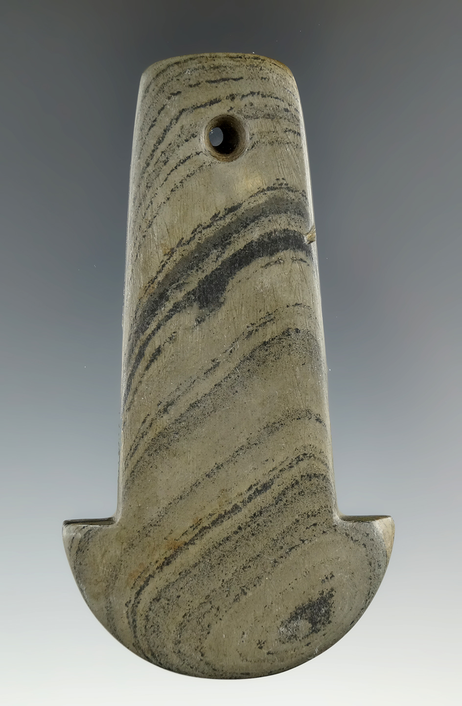 3 9/16" Adena Anchor Pendant made from green and black Banded Slate. Vermillion Co., Indiana.