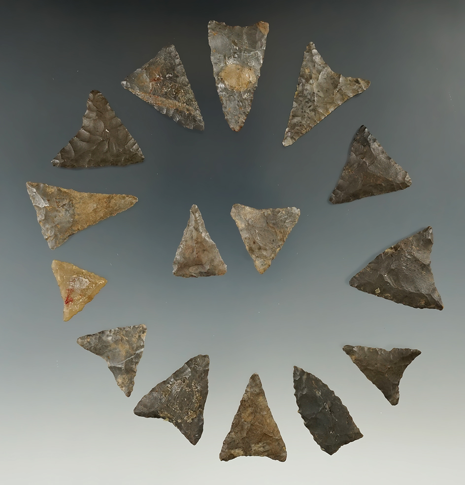 Set of 15 Triangle points found in New York, largest is 1 5/16".  Mickey Taylor "Iron Horse" collect