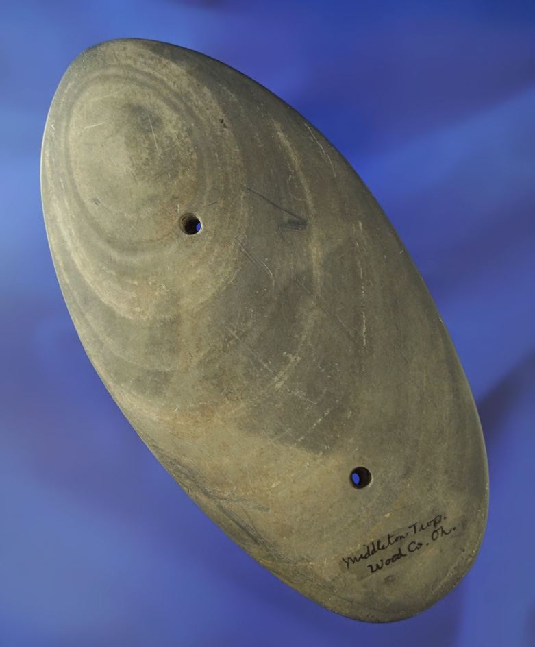 6" long banded slate Gorget - Middleton Township, Wood Co.,  Ohio which has been cleaned.