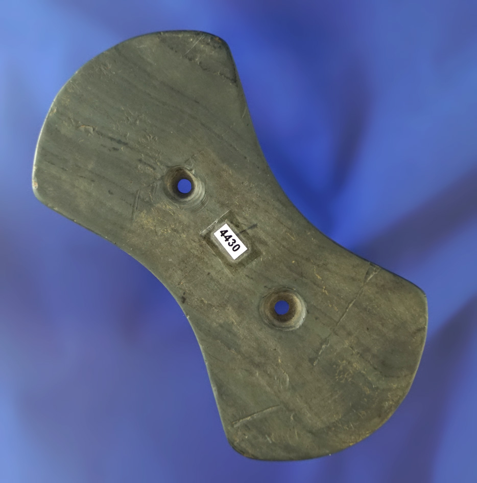 4 5/16" Bi-Concave Gorget made from Banded Slate found in Miami Co., Ohio. Ex.  Elleman.