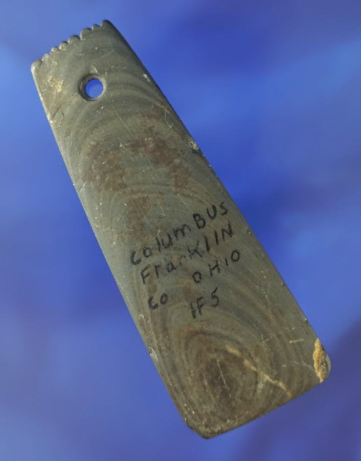 4 1/16" banded slate Pendant found near Columbus, Franklin Co.,  Ohio - nice fringe tallies on top.