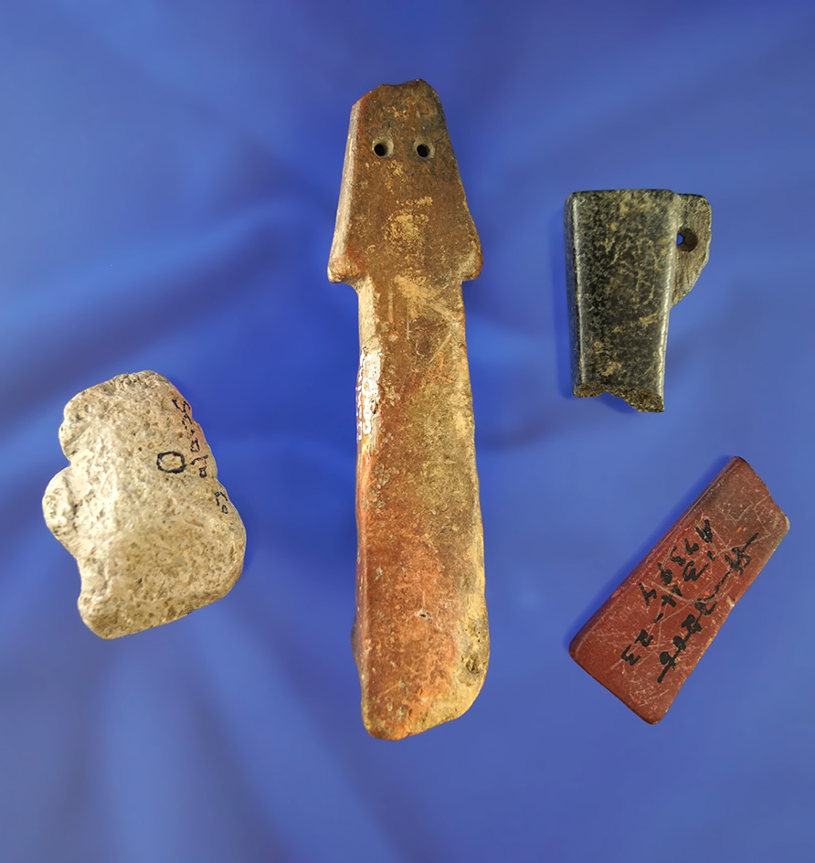 Unique! Set of four unique artifacts including a 4 1/16" stone Snake Effigy Pipe