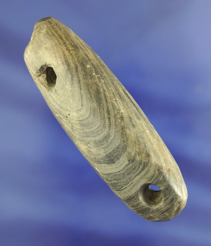 3 1/8" Gorget made from green banded slate found in Indiana. Comes with a Dickey COA.