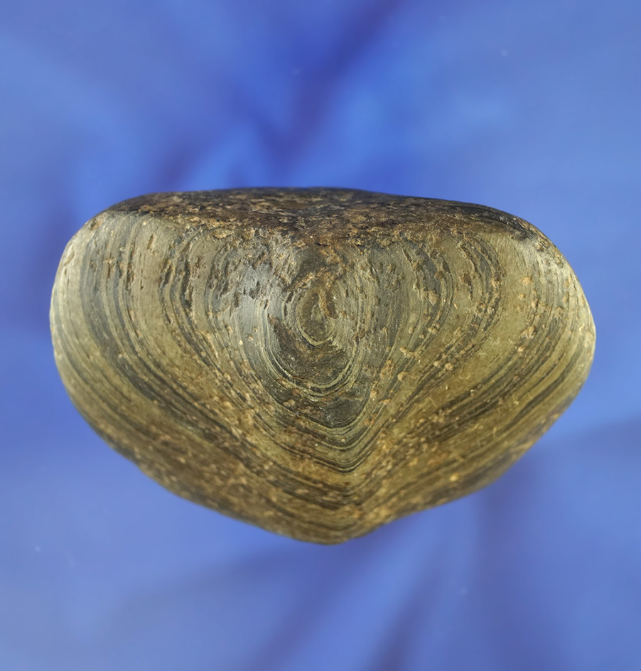 Well styled 3 5/16" green banded slate Bannerstone preform found in Steuben Co.,  Indiana