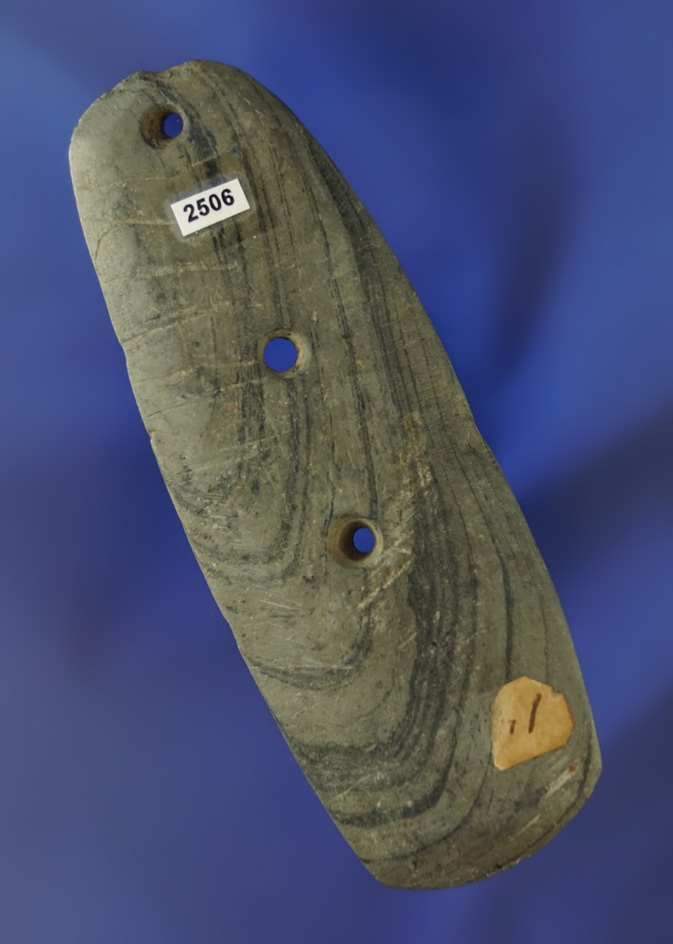 Rare style 3 Hole 4" Glacial Kame Gorget -Banded Slate - some engravings. Mercer Co., OH. Elleman.