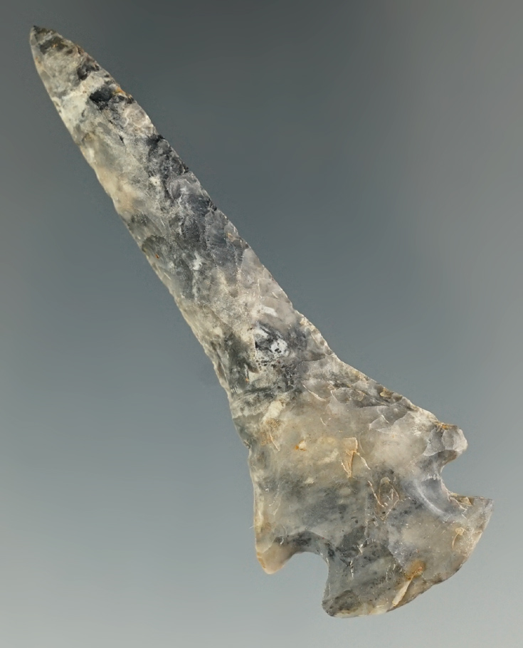 2 13/16" Dovetail Drill made of blue and white Flint Ridge Flint. Found in Stark Co., Ohio.