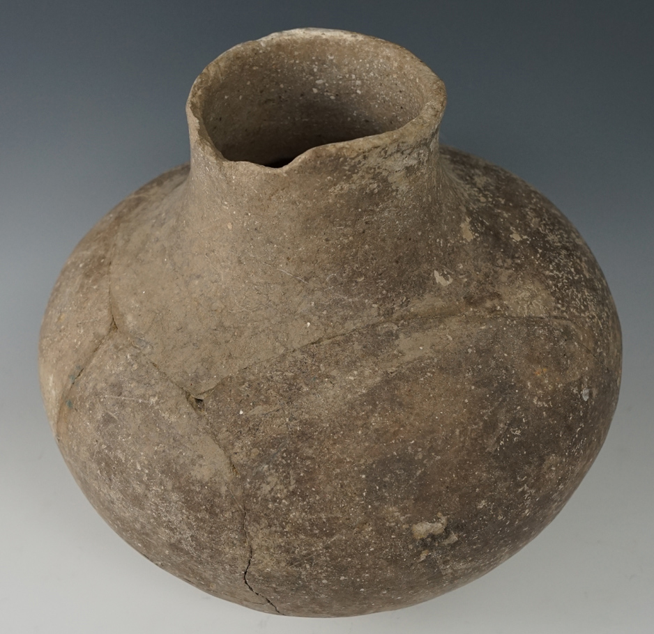 8" wide shell tempered clay pottery vessel - some glued back pieces and restoration. Arkansas.