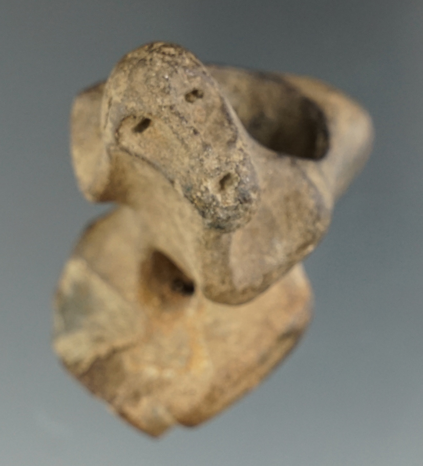 Unique and rare! 2" long "bird man" human effigy Iroquois clay pipe which is broken.