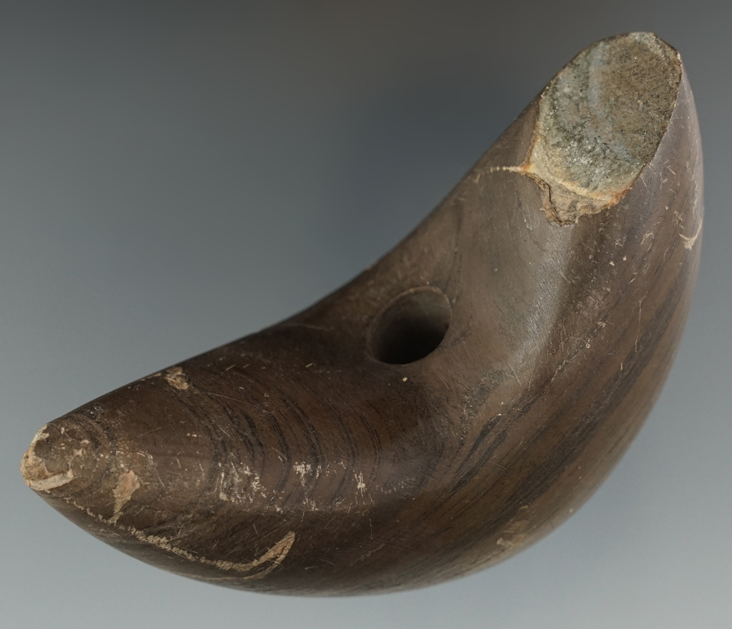 3 1/2" Brown Banded Glacial Slate Crescent Bannerstone found in Whitley Co., Indiana.