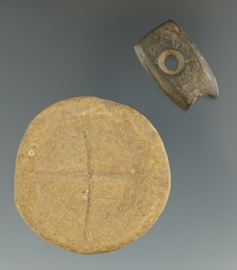 Pair of miniature relics. One is a 1 1/2" Diameter Sandstone Double Cupped Discoidal.